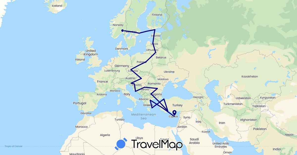 TravelMap itinerary: driving in Bulgaria, Cyprus, Czech Republic, Estonia, Finland, Greece, Croatia, Hungary, Lithuania, Latvia, Norway, Poland, Romania, Serbia, Sweden, Slovenia, Turkey (Asia, Europe)